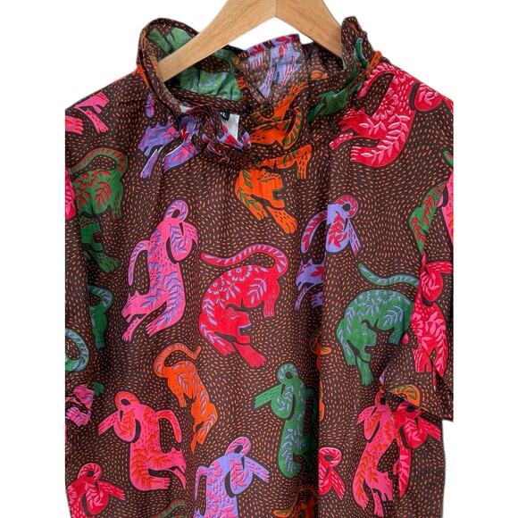Fox & Hen Wild Cats Puff Short Sleeve High Ruffle Neck Feminine XL Blouse Top - Picture 7 of 10